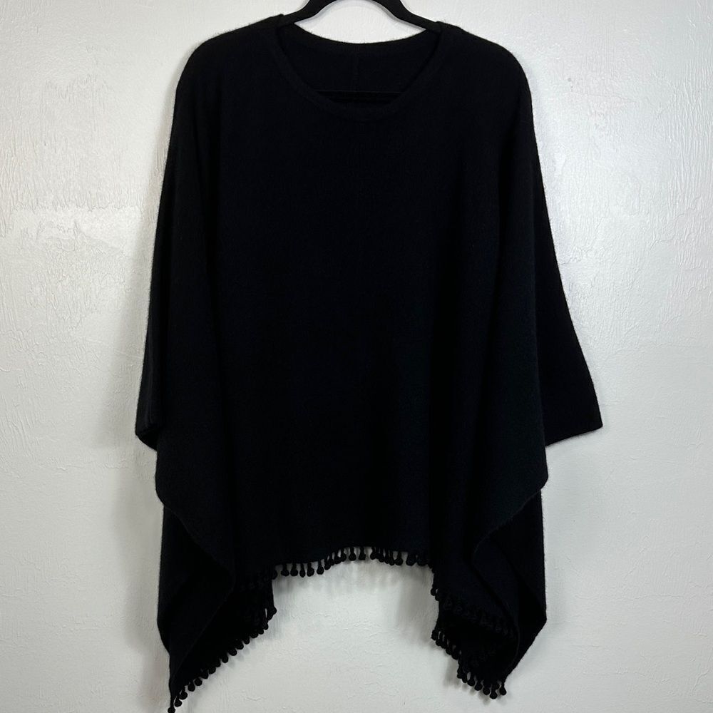 Black Comfy Soft Poncho With Pom Pom Fringe Trim One Size